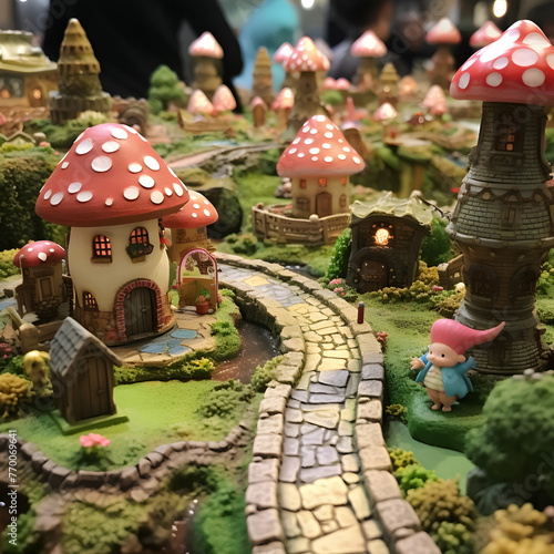 Enchanting Forest Gnome Village: A Whimsical Harmony of Mushroom Homes, Cobblestone Paths, and Cherry Blossoms