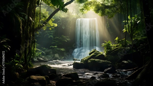 Beautiful waterfall in the rainforest of Thailand. Panorama.