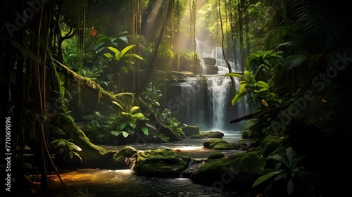 Beautiful waterfall in the rainforest. Panoramic landscape.