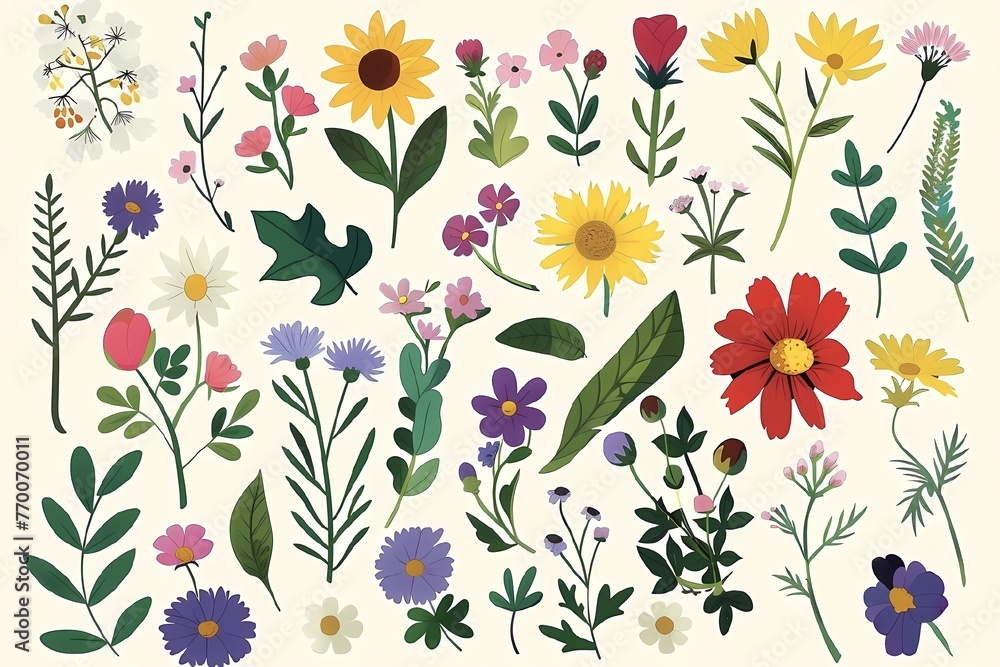 collection of wild flowers, wild flowers on a light background
