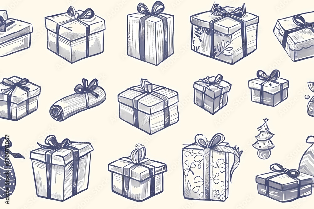 a collection of hand drawn illustrations of presents. a collection of hand drawn illustrations of presents.
