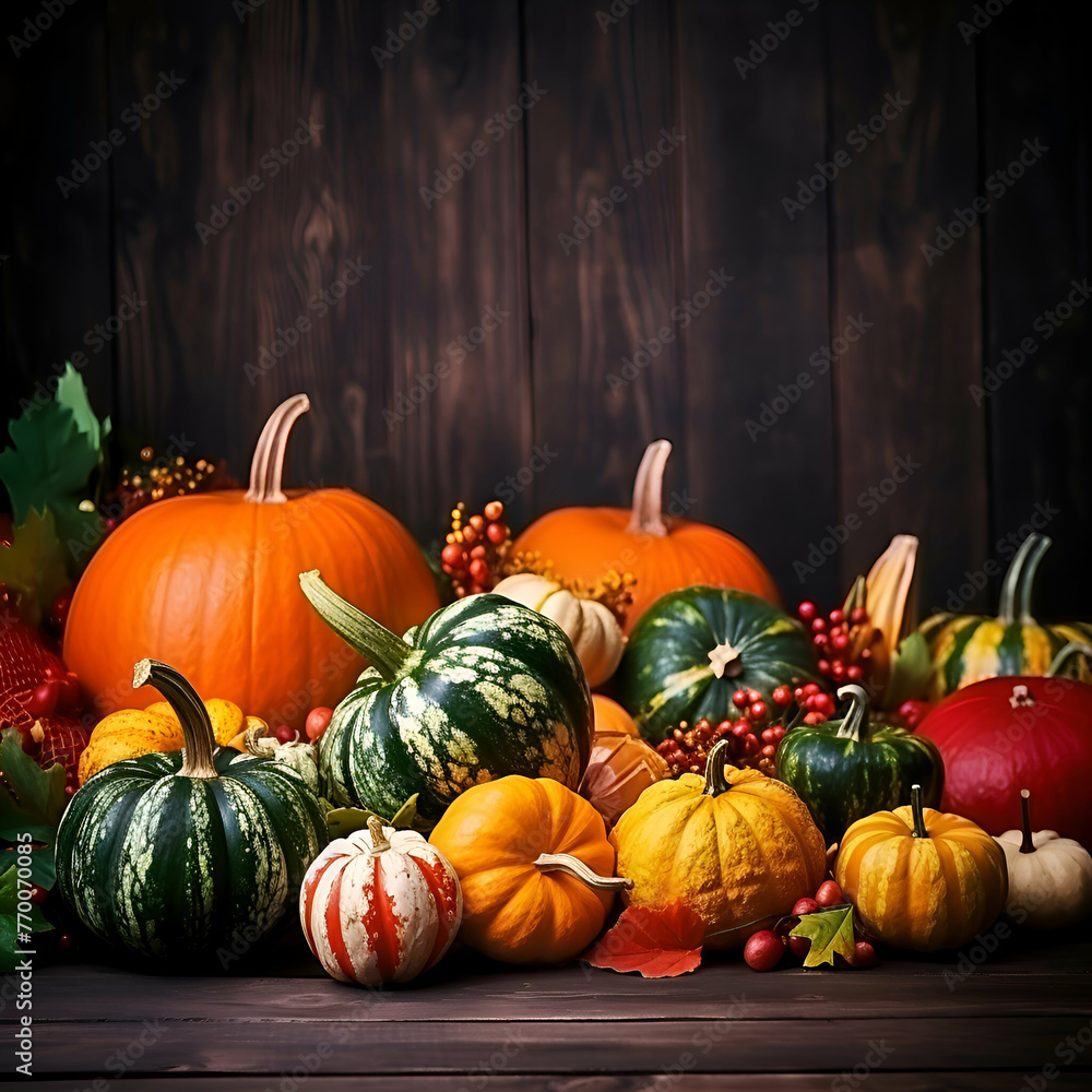 Autumn background with pumpkins. berries and leaves on wooden background Autumn background with pumpkins. berries and leaves on wooden background