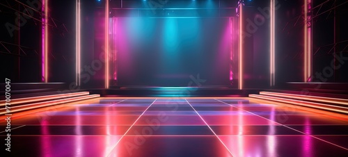 concert event stage with blue pink spotlights shine on floor with dry ice fog, Generative Ai 