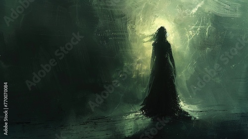 a woman in ephemeral darkness, with a faint light outlining her Shadow Aura, evoking mystery and grace