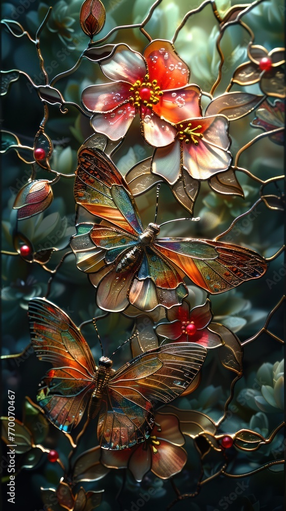 Colorful stained glass window depicting two butterflies and flowers. Butterflies have iridescent wings and a dark green background. - obrazy, fototapety, plakaty 