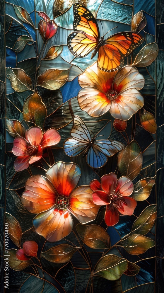 Colorful stained glass window with butterflies and flowers on a dark blue background. - obrazy, fototapety, plakaty 