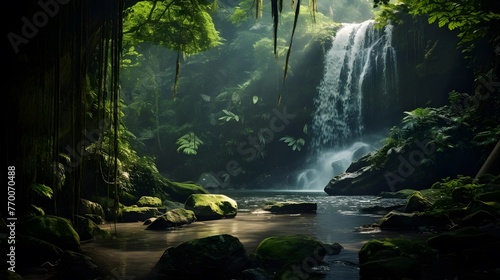 Beautiful waterfall in the forest. Long exposure. Panorama.