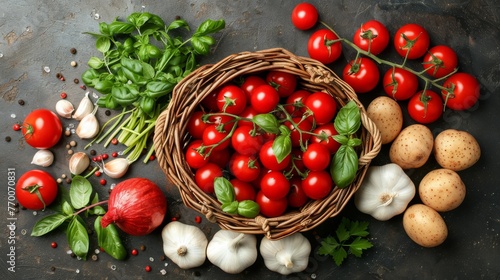  A well-stocked wicker basket brims with fresh produce, including ripe tomatoes, crisp onions, and vibrant spinach Nearby, a mound of arom photo