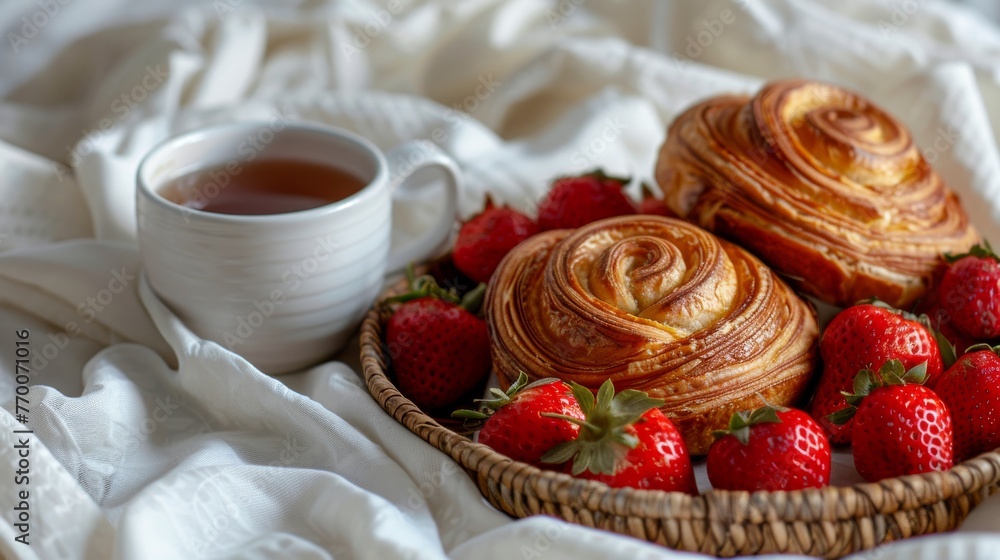 A white cloth-covered bed holds a basket brimming with pastries and fresh strawberries, accompanied by a steaming cup of tea A white cloth-covered bed holds a basket brimming with pastries and fresh strawberries, accompanied by a steaming cup of tea