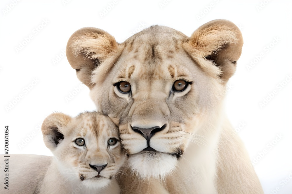 Obraz premium Protective Embrace: Lioness and Cub Close-up on White Background