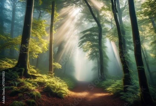 illustration, misty forest landscape foggy atmosphere trees light scenic nature pictures, rays, atmospheric, woods, woodland, haze, tranquil, serene, background, magical, image © Yaraslava