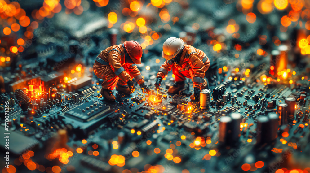 miniature construction worker doing repair work on a computer circuit board, computer engineering concept - obrazy, fototapety, plakaty 