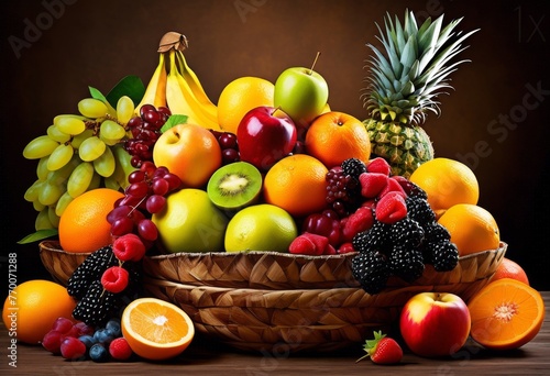illustration, vibrant fruit still life composition, apples, oranges, bananas, grapes, pears, lemons, kiwis, mangoes, strawberries, cherries
