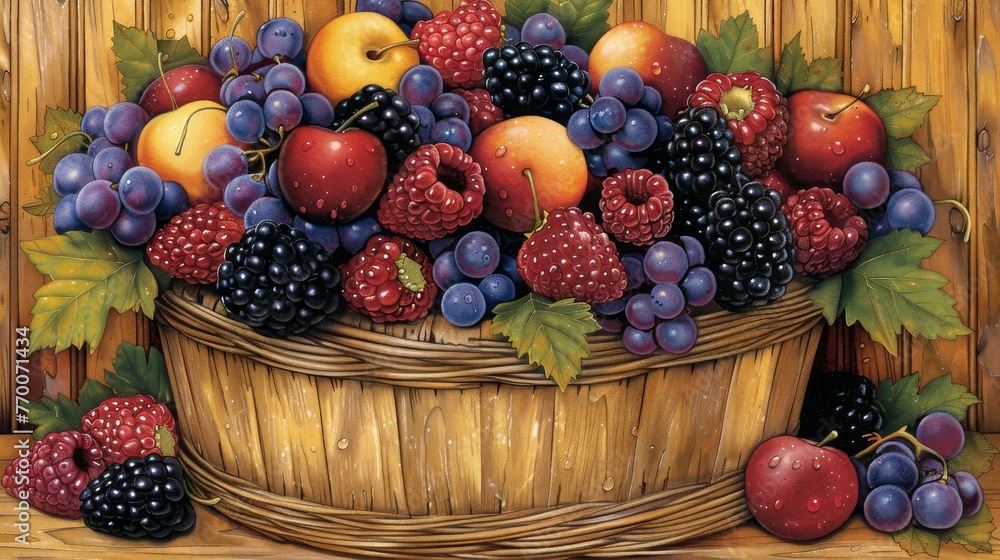 A painting depicts an array of fruits such as grapes, apples, peaches, raspberries, and plums in a woven basket A painting depicts an array of fruits such as grapes, apples, peaches, raspberries, and plums in a woven basket