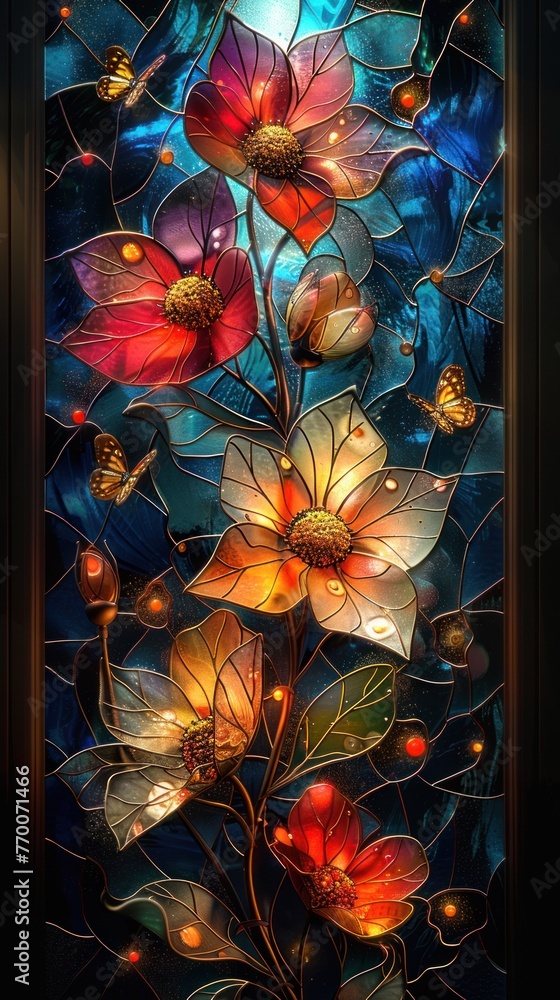 Nature-themed stained glass ornament with butterfly and flower patterns against a dark blue hue. - obrazy, fototapety, plakaty 