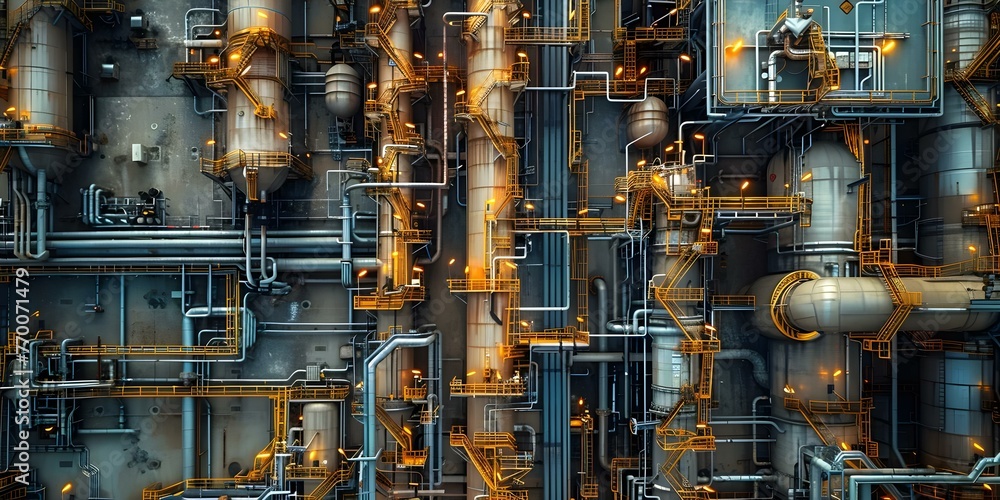 Industrial oil refinery with storage tanks pipelines and structures in a petrochemical complex. Concept Industrial Development, Oil Refinery, Petrochemical Complex, Storage Tanks, Pipelines