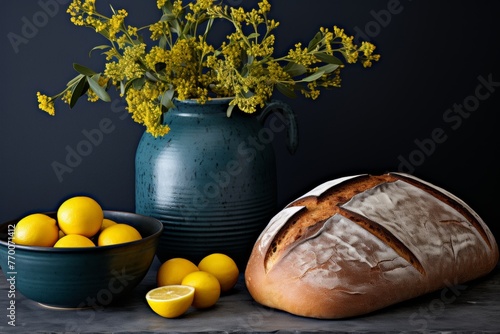 Beautiful still life composition featuring bread, lemon, and flowers on elegant black background
