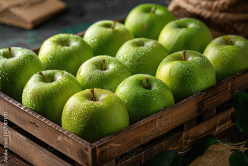 Wooden box showcasing a selection of ripe, organic apples.