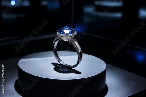 Ring with sapphire and diamond on the podium photo