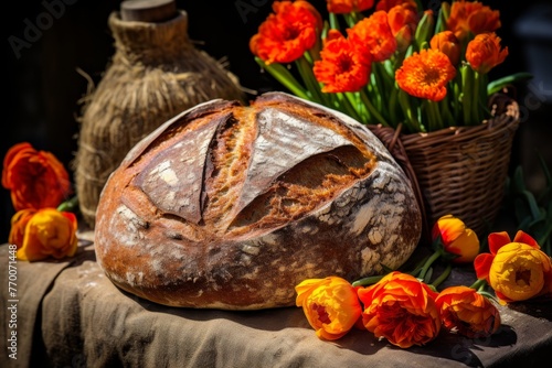 Rustic table setting with freshly baked bread and vibrant tulips in the background