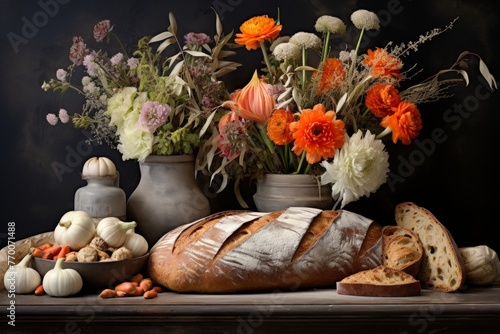 Still life with fresh bread, colorful vegetables, and delicate flowers on dark background