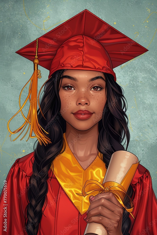 a young graduate stands proudly, draped in a red cap and gown with a yellow stole - obrazy, fototapety, plakaty 