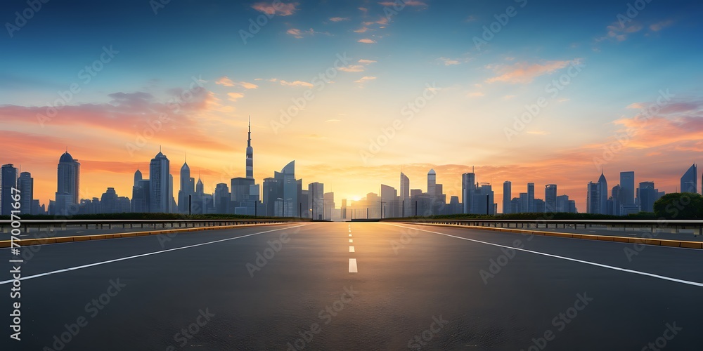 Asphalt road and modern city skyline at sunset in Shanghai,China.