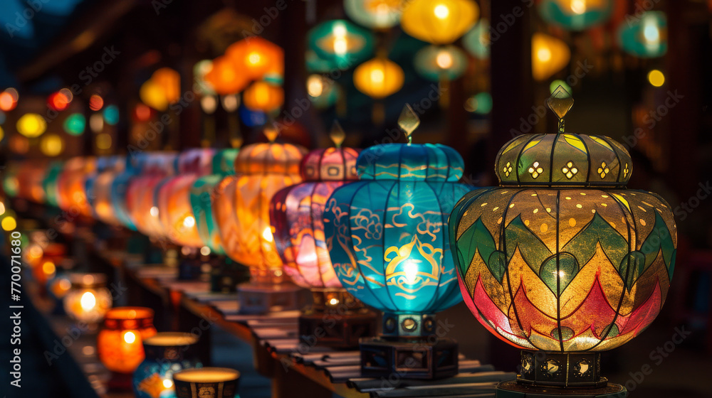 A row of colorful lanterns with a variety of designs and colors - obrazy, fototapety, plakaty 
