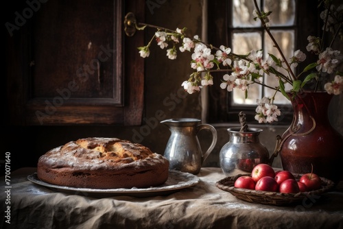 Scrumptious homemade apple cake on rustic wooden background, with selective focus