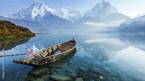 A peaceful, early morning shot of a crystal-clear lake reflecting the Annapurna range, with a single, beautifully crafted wooden boat adorned with New Year’s decorations photo