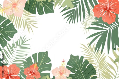 Tropical floral border with leaves and flowers on white background vector illustration photo