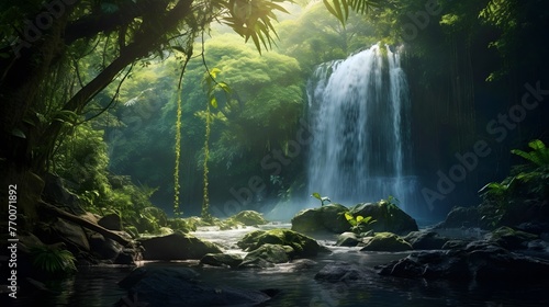 Beautiful waterfall in the rainforest  panoramic view.