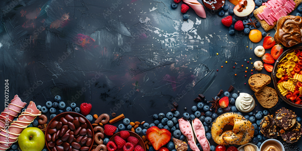 Food background set of food on an old black background the concept of healthy eating.AI Generative 