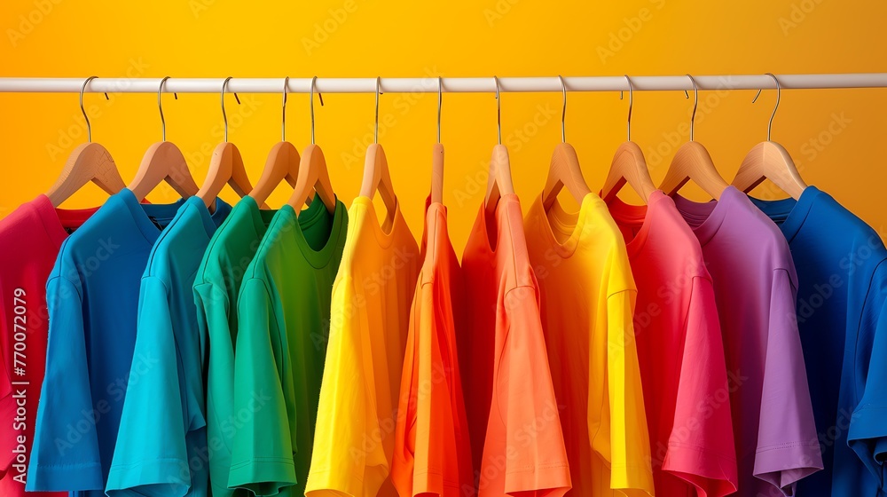 Colorful Rainbow T-shirts Displayed on Clothes Rack with Yellow Background Colorful Rainbow T-shirts Displayed on Clothes Rack with Yellow Background