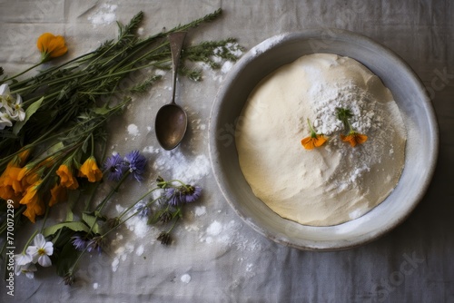 Raw dough with freshly picked buttercups and delicate butterflowers arranged on wooden table