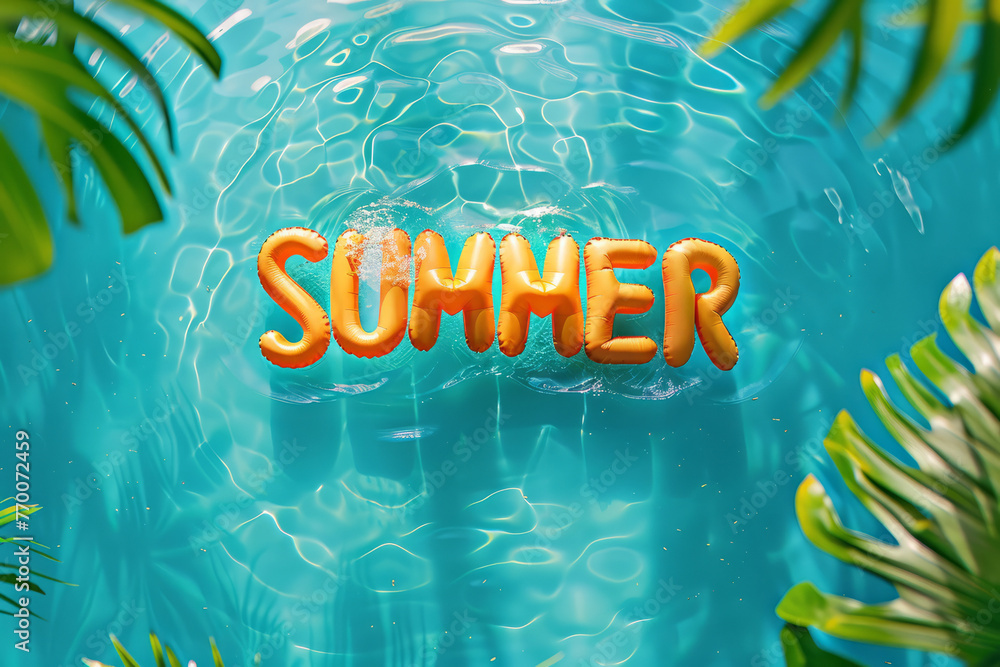 Overhead view of a swimming pool with the word Summer written from inflatable pool floats - obrazy, fototapety, plakaty 