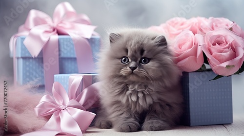 bouquet of delicate pink roses with cute kitten holding a gift, silk blue ribbons photo