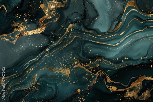 Abstract dark green and gold marble background with fluid shapes and intricate patterns. A stunning wallpaper that brings luxury