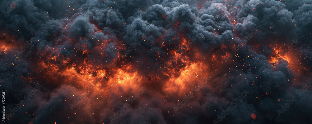 Intense flames peak through billowing dark smoke in a dramatic display of fire's destructive power.
Intense flames peak through billowing dark smoke in a dramatic display of fire's destructive power.