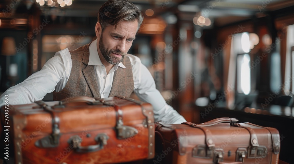 The attentive concierge, seen in close-up, carefully arranges departing guests' luggage, epitomizing bespoke hospitality.