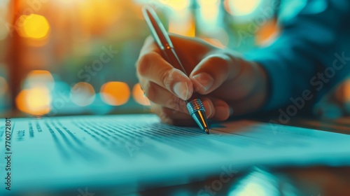 Close-up of a hand holding a pen signing a contract for startup funding, symbolizing the beginning of entrepreneurial success.