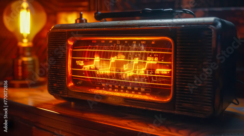 Vintage radio on wooden table with warm lighting