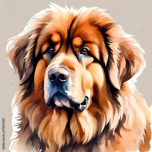 Stunning cute, funny and charming portrait of the Tibetan Mastiff breed in watercolor style on a white background. 