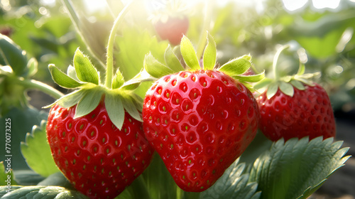 Strawberry growing in the garden. Fresh strawberries in the garden © Wazir Design