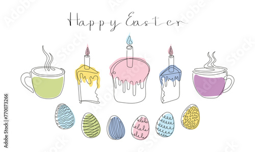 Easter Set in continuous one line style with design elements like Easter cakes with lit candles, painted eggs, steaming mugs with tea or coffee. Happy Easter greeting. Festive food. Colors
