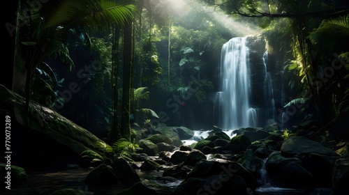 Panorama of a waterfall in the rainforest with sunbeams © Iman