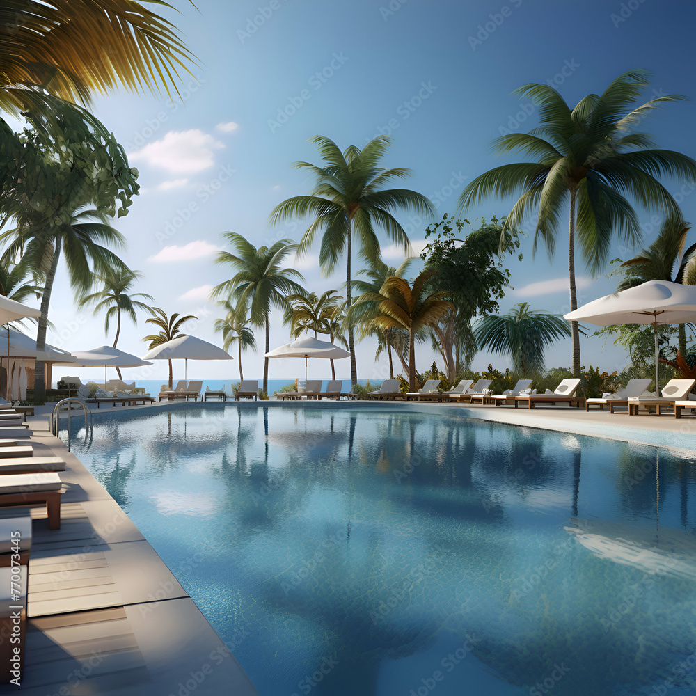 Swimming pool with palm trees and sun loungers. 3d render