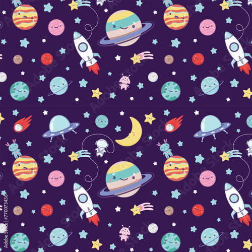 Seamless space pattern with cute cartoon planets, moon, stars, artronaut, rocket, aliens. Childish vector backround with cosmic elements. Print for kids textile, fabric, wallpaper, bedding, wrapping.