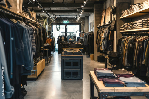 Modern fashionable interior of clothing store. Casual clothing, denim, jeans store with racks and shelves