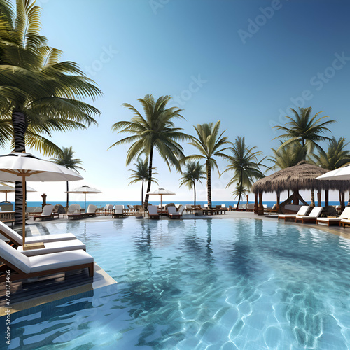 Swimming pool with sun loungers and palm trees. 3d render